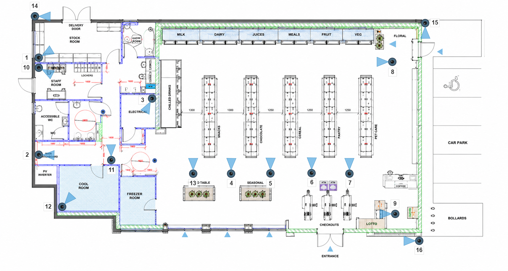 Example floor plan with CCTV cameras placed using the CCTV Drawing App